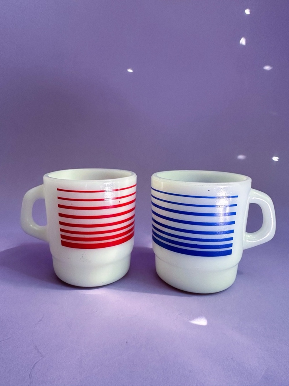 Vintage Pair of Termocrisa Milk Glass Red & Blue Striped Retro Mugs